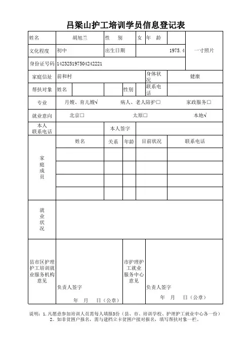 吕梁山护工培训 学员信息登记表