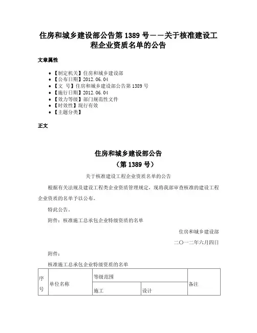 住房和城乡建设部公告第1389号――关于核准建设工程企业资质名单的公告