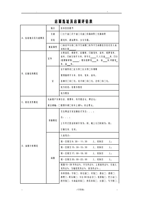 店面评估表大全