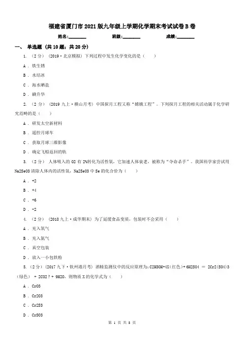 福建省厦门市2021版九年级上学期化学期末考试试卷B卷(练习)