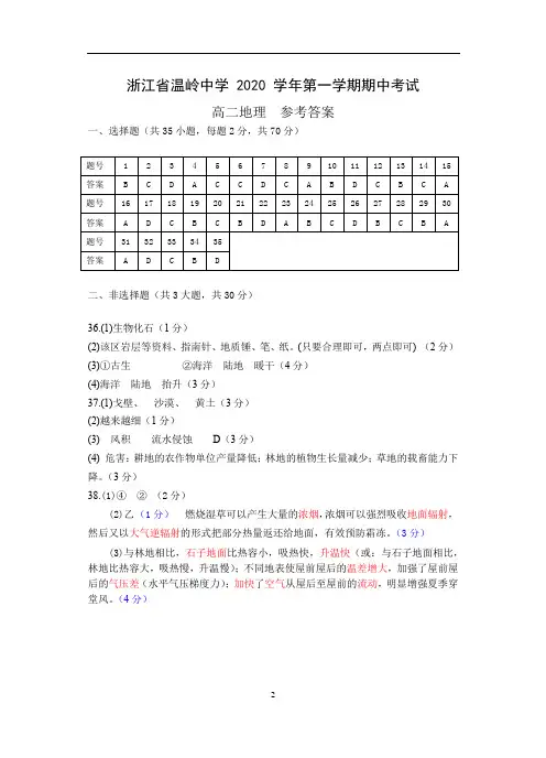 01浙江省温岭中学 2020 学年第一学期高一期中考试试题2020.11.1  答案 (1)