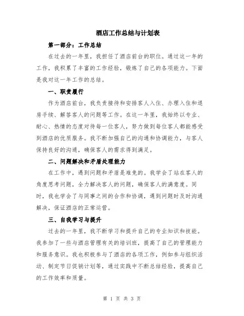 酒店工作总结与计划表