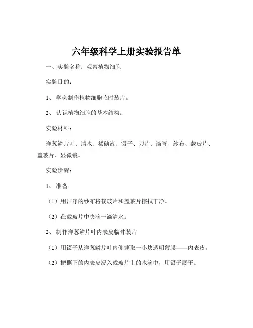 六年级科学上册实验报告单