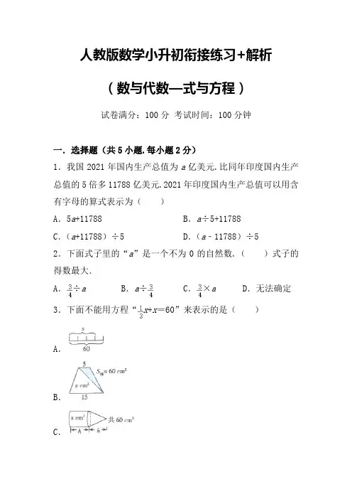 人教版数学小升初衔接练习+解析(数与代数—式与方程)