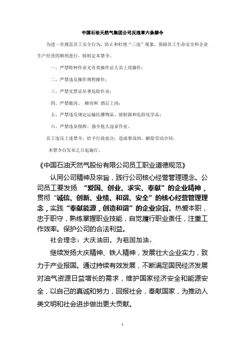 中国石油天然气集团公司反违章六条禁令