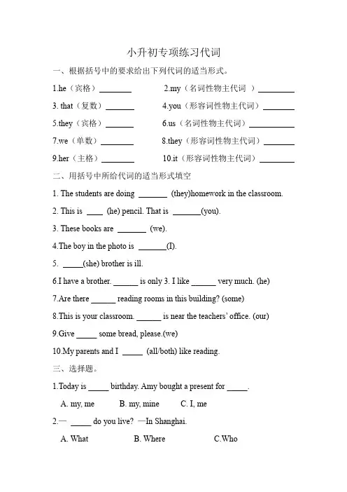 代词(专项训练)人教PEP版英语六年级下册