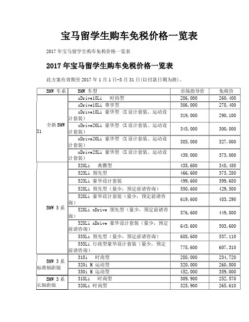 宝马留学生购车免税价格一览表