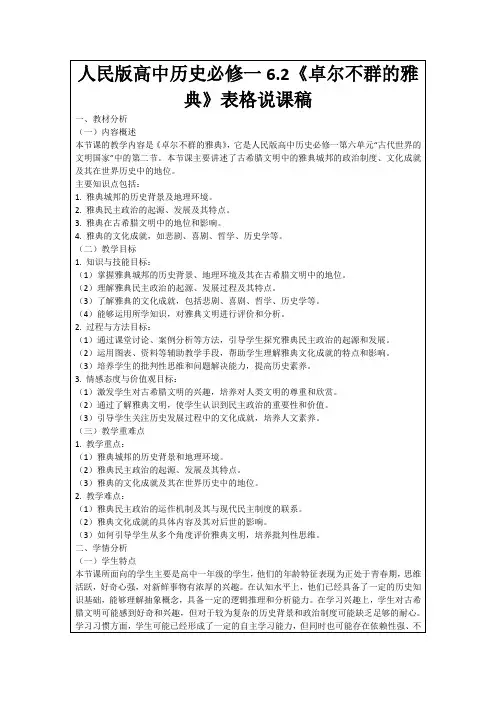 人民版高中历史必修一6.2《卓尔不群的雅典》表格说课稿