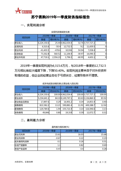 苏宁易购2019年一季度财务指标报告