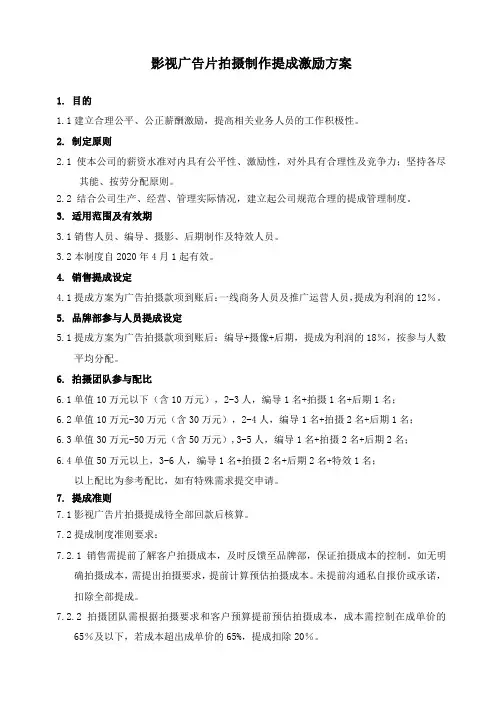 影视广告片拍摄制作提成激励方案