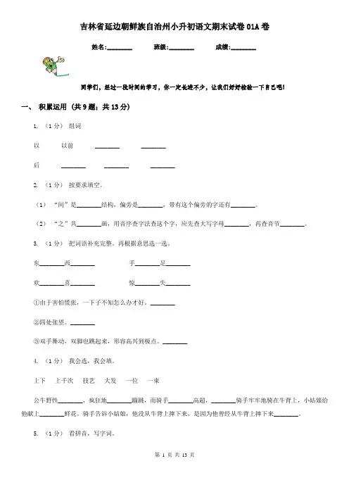 吉林省延边朝鲜族自治州小升初语文期末试卷01A卷