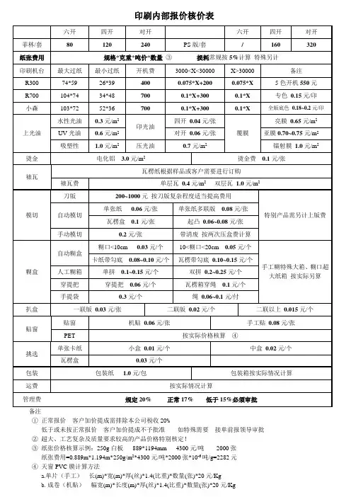 印刷内部报价核价表