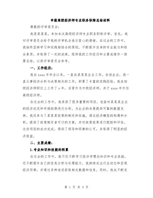 申报高级经济师专业职务职称总结材料