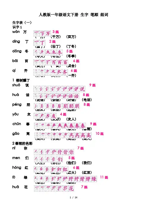 人教版一年级语文下册 生字 笔顺 组词