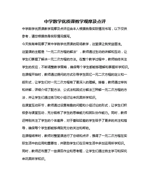 中学数学优质课教学观摩及点评