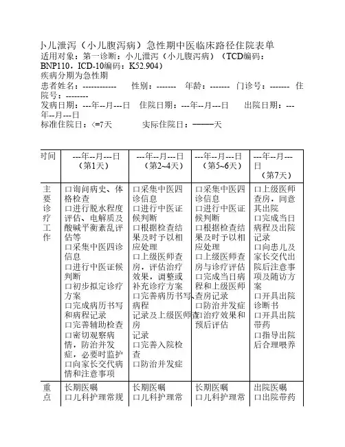 小儿泄泻(小儿腹泻病)急性    期中医临床路径住院表单
