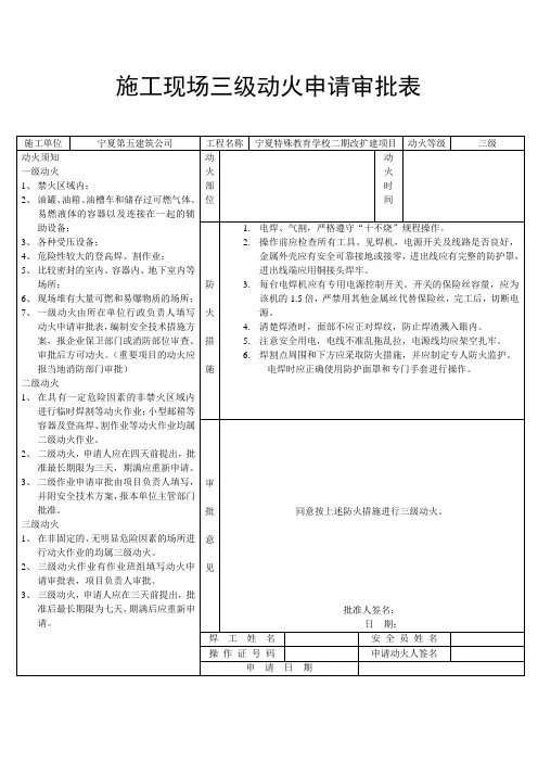 施工现场三级动火申请审批表