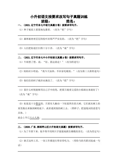 【真题汇编】12 按要求改写句子 全国小升初语文试题精选(含答案)部编版