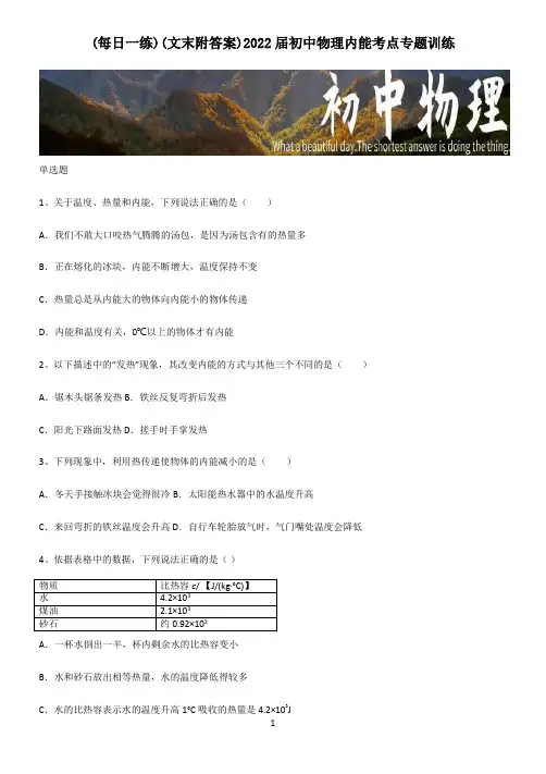 (文末附答案)2022届初中物理内能考点专题训练
