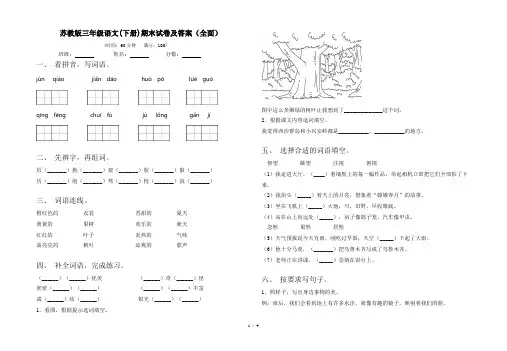 苏教版三年级语文(下册)期末试卷及答案(全面)