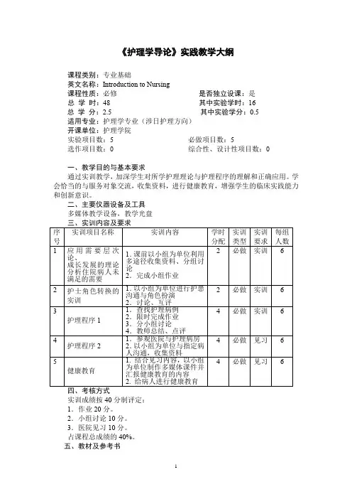 《护理学导论》实践教学大纲(适用于护理学专业)