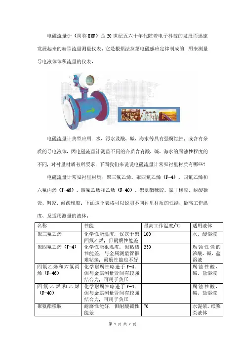 电磁流量计常见衬里材质