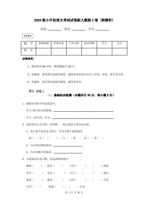 2020版小升初语文考试试卷新人教版C卷 (附解析)