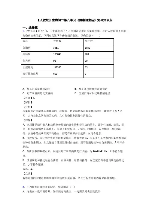 【人教版】生物初二第八单元《健康地生活》复习知识点
