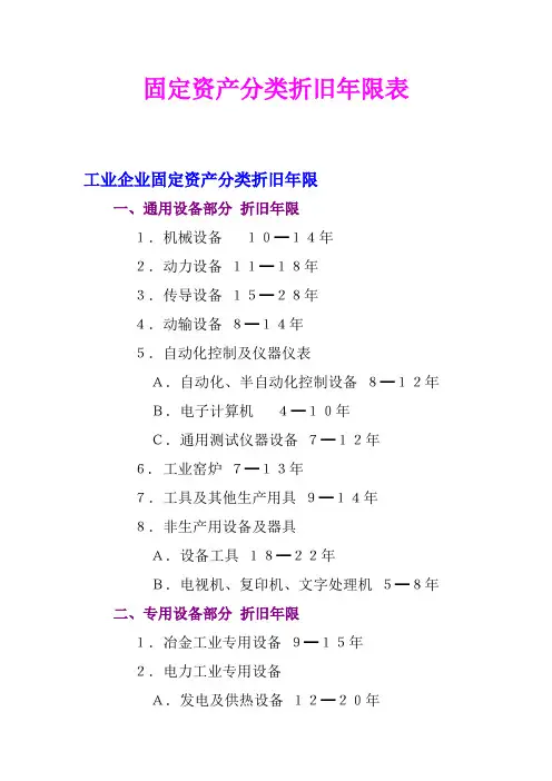 固定资产分类折旧年限表及说明