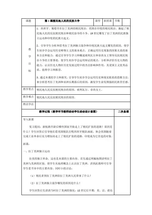 人教部编版九年级历史下册第1课殖民地人民的反抗斗争教案