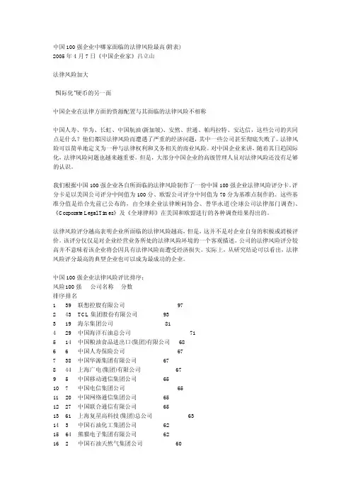 中国100强企业中哪家面临的法律风险最高