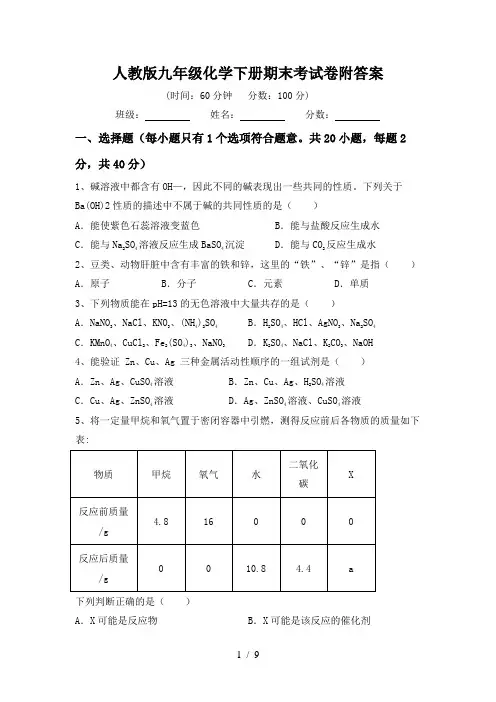 人教版九年级化学下册期末考试卷附答案