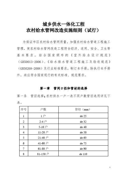 自来水公司水务集团城乡供水一体化工程农村给水管网改造实施细则(试行) (1)