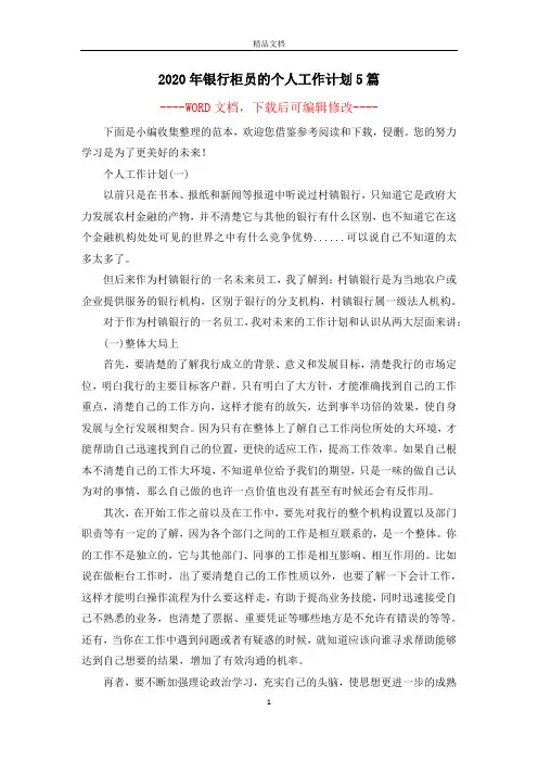 2020年银行柜员的个人工作计划5篇
