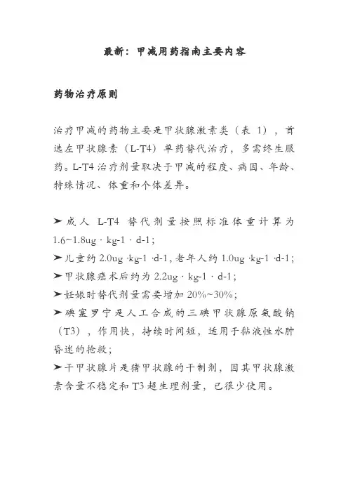 最新：甲减用药指南主要内容