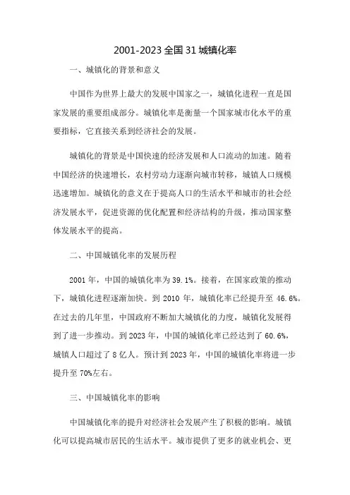 2001-2023全国31城镇化率
