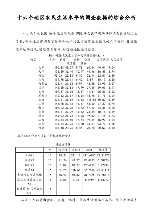 16个地区农民生活水平的调查数据的综合分析