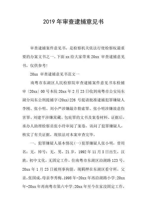 2019年审查逮捕意见书