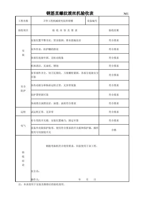 直螺纹钢筋滚丝机验收表