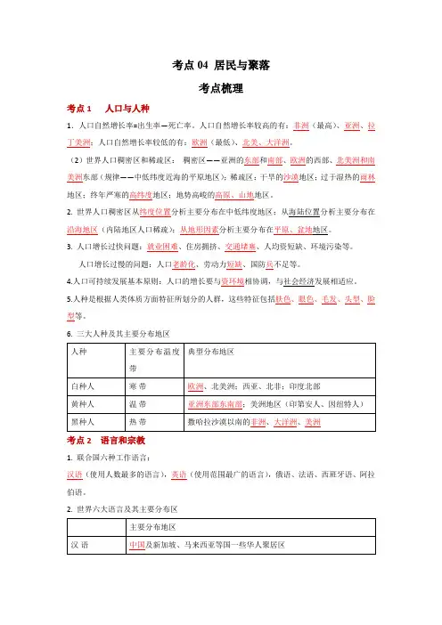 地理中考一轮过关讲练(人教版)考点04 居民与聚落(原卷版)