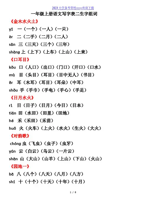 部编版一年级上册语文写字表组词