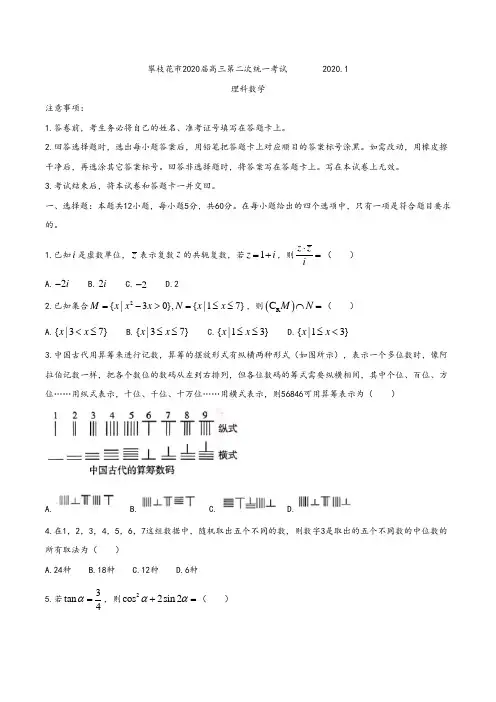 四川省攀枝花市2020届高三第二次统一考试理数试题及参考答案