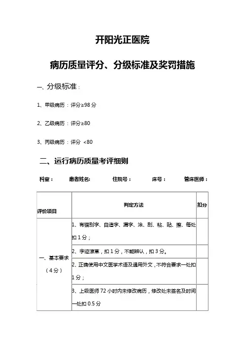 病历质量评分、分级标准AA