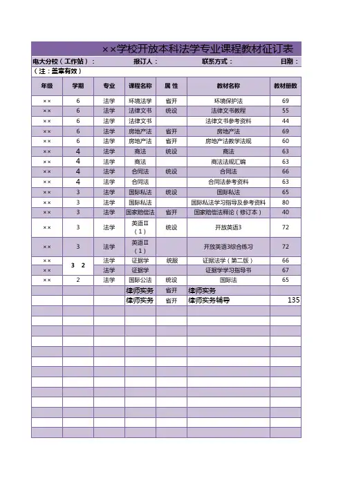 专业课程教材征订表excel模板新