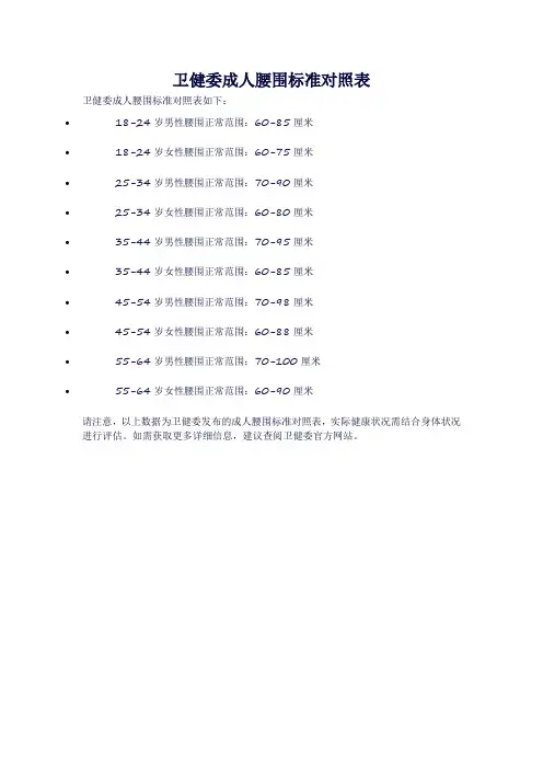 卫健委成人腰围标准对照表
