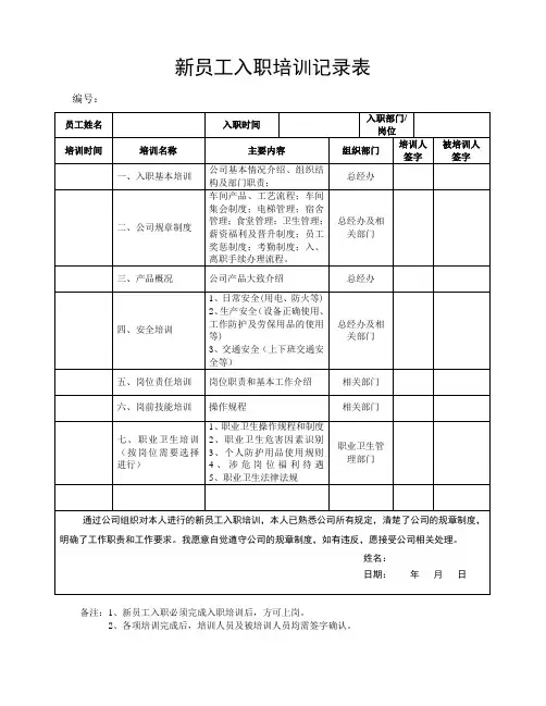 新员工入职培训记录表