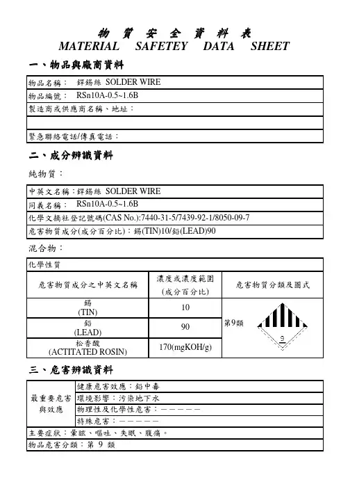焊锡丝物质安全资料表0.5~1.6(MSDS)