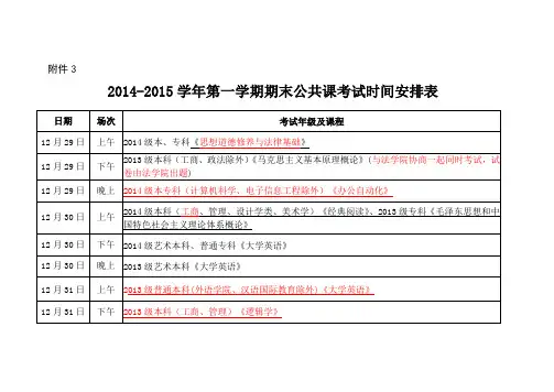 2014-2015学年第一学期期末公共课考试时间安排表