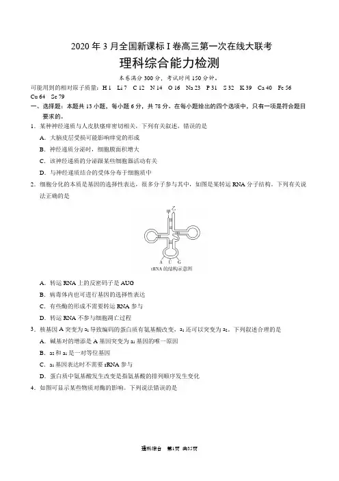 2020年3月全国新课标Ⅰ卷高三第一次在线大联考 理科综合能力检测试题(含答案+详解)