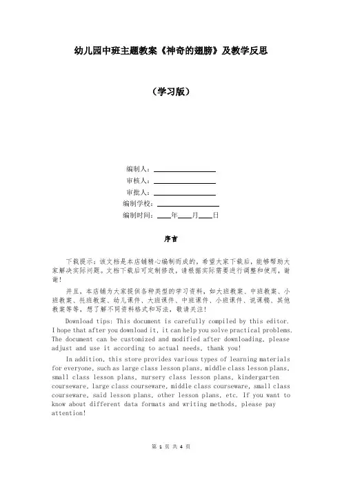 幼儿园中班主题教案《神奇的翅膀》及教学反思